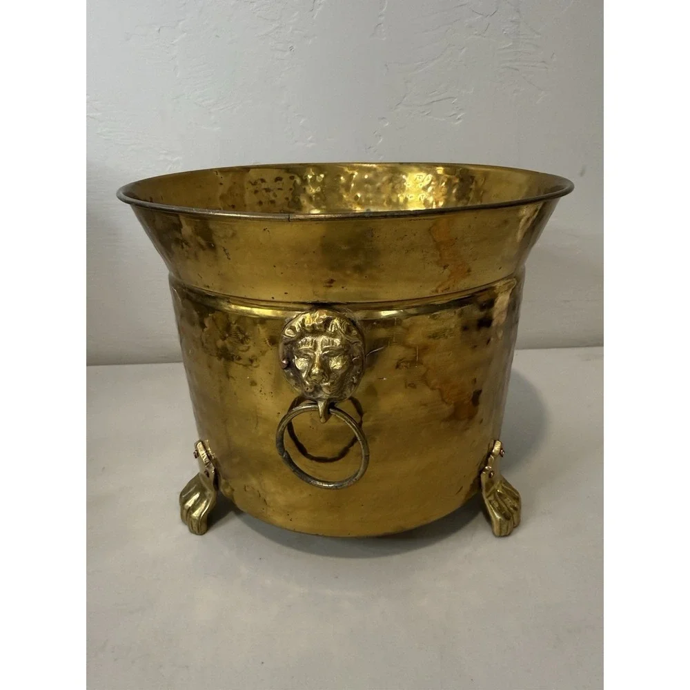 Vintage Brass Lion Head Planter Hollywood Regency Footed Cachepot Plant Pot 7